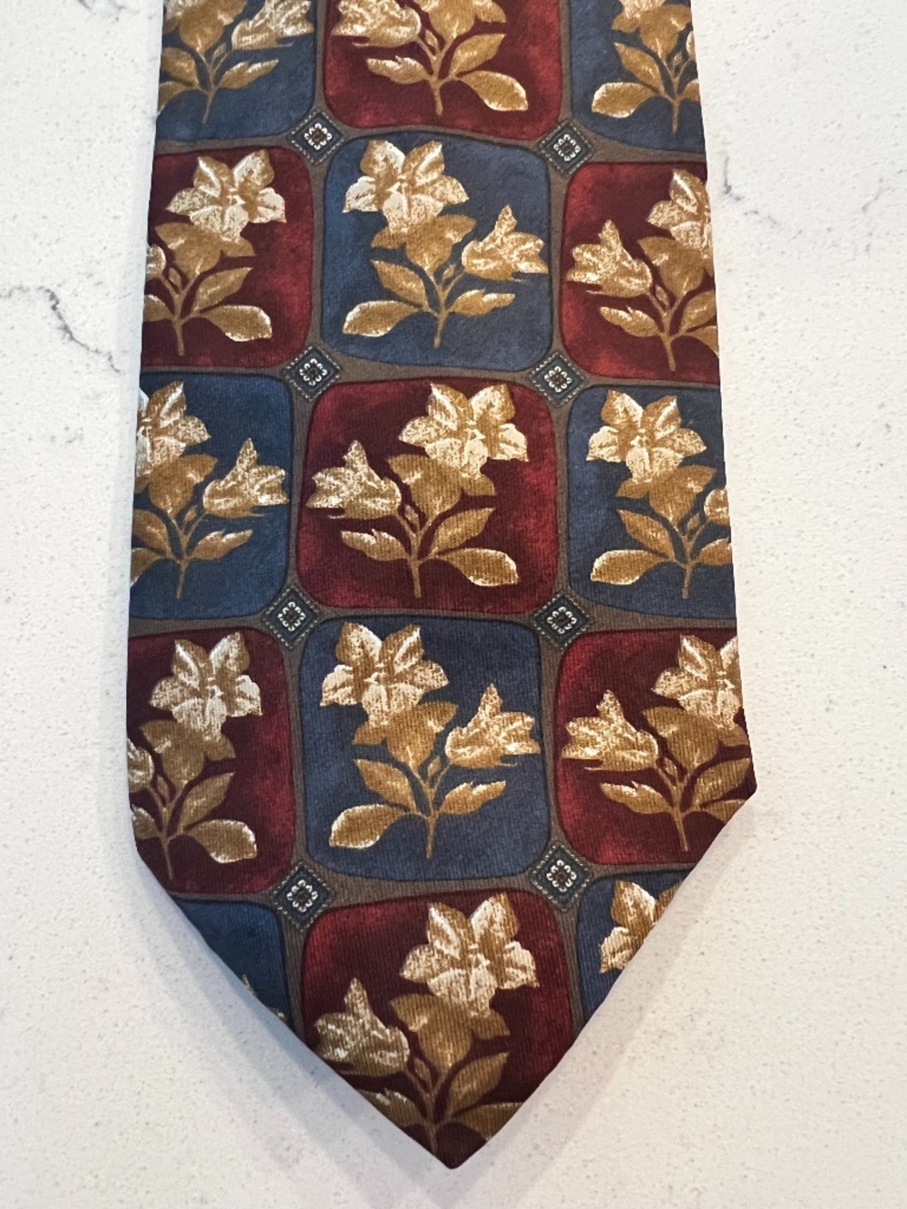 Vintage Boston Traders Beige Floral with Navy and Burgundy Print Silk Tie